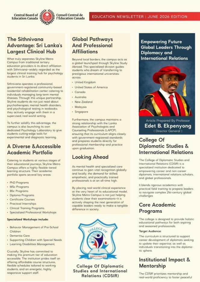 Central Board of Education Canada, June 2026 Education Newsletter — page 2, continuing the Skyline Metro Campus feature