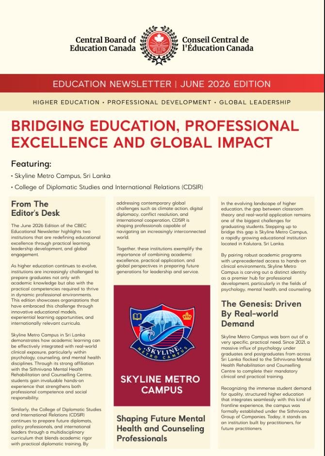 Central Board of Education Canada, June 2026 Education Newsletter — page 1, featuring Skyline Metro Campus